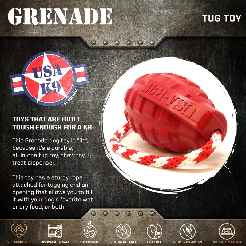 SodaPup USA-K9 Grenade â€“ Durable Dog Tug Toy, Chew Toy & Treat Dispenser Made in USA from Non-Toxic, Pet-Safe, Food Safe Natural Rubber Material for Mental & Physical Stimulation, Bonding, & More - Image 3